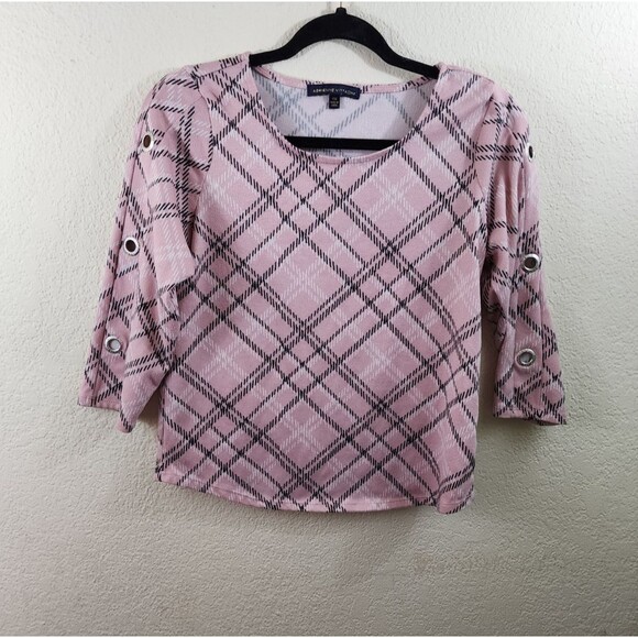 Adrienne Vittadini Womens Petite PM Pink Plaid Gromet Sleeve Round Neck Blouse - Picture 1 of 6